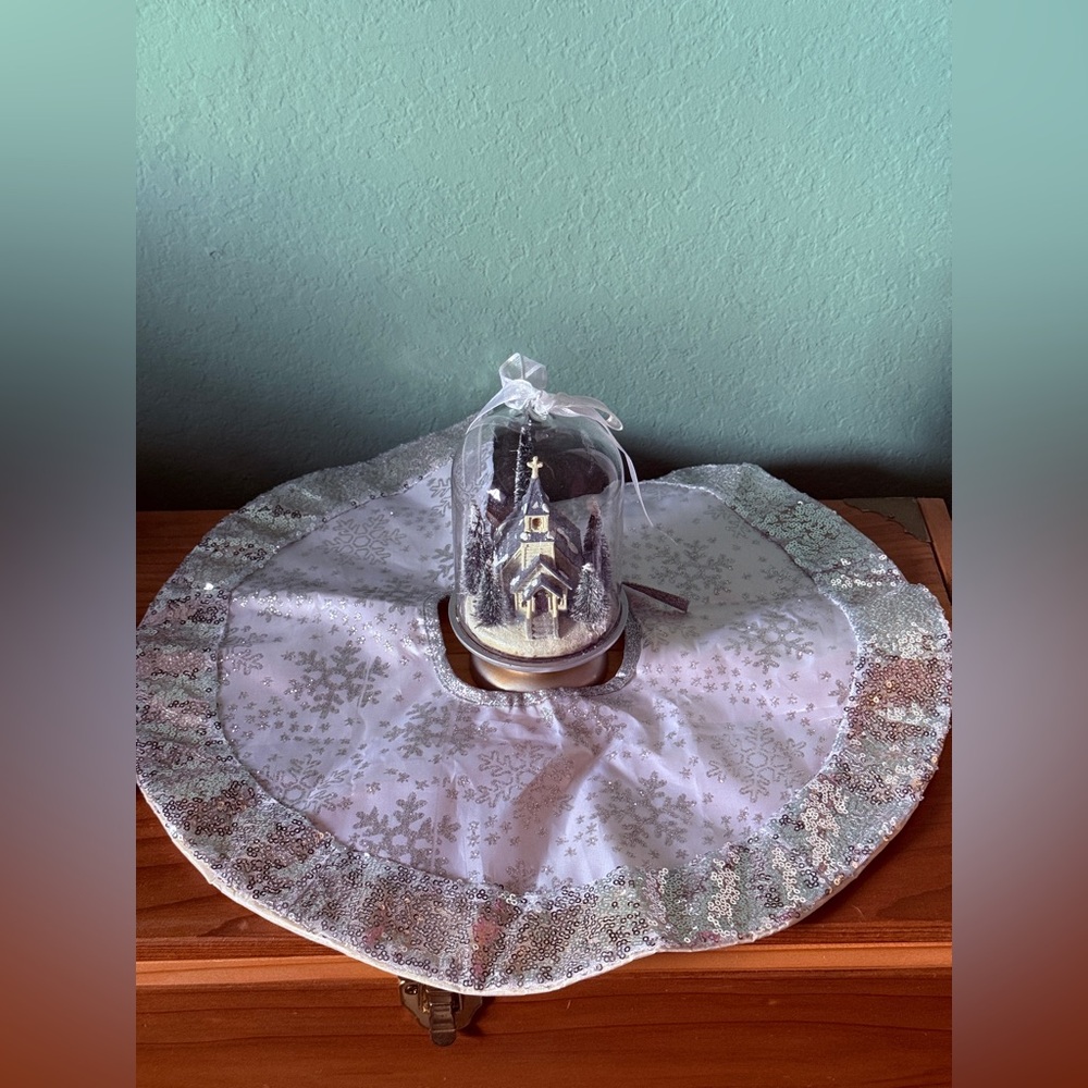 Mini glass dome snowy church decor on wood stand + silver sequin tree skirt VTG